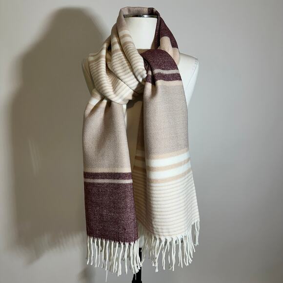 NWT Calvin Klein Striped Woven Fringe Scarf One Size 24" x 81" Burgundy Beige - Picture 1 of 10